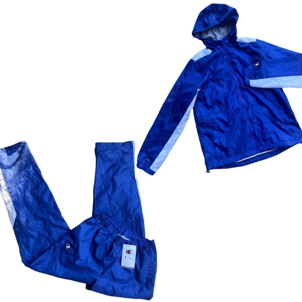 Vtg Champion Blue Hooded Zip Up Jacket Coord Pant Windbreaker Athletic Set NWT S